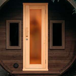 Puerta de madera con cerradura y elemento de vidrio largo